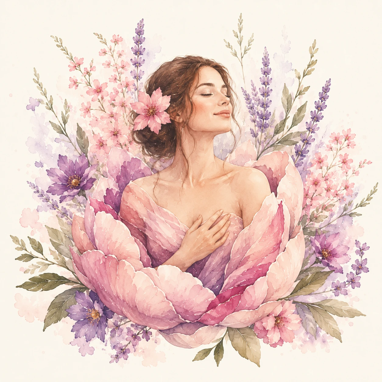 Mujer serena rodeada de flores, símbolo de la etapa antes de maternar