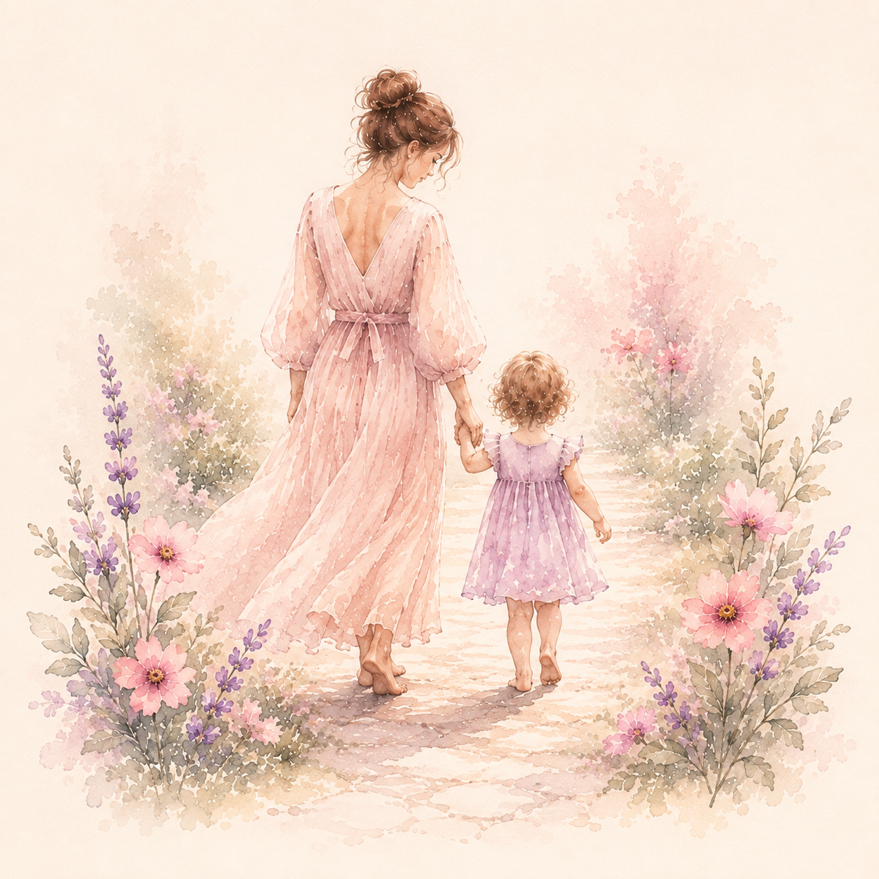 Madre caminando de la mano con una niña por un jardín