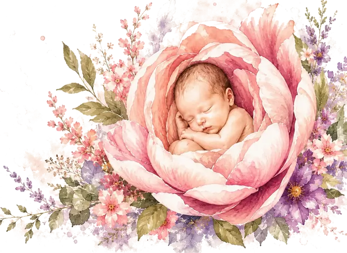 Recién nacido en una flor de acuarela rosa y lavanda
