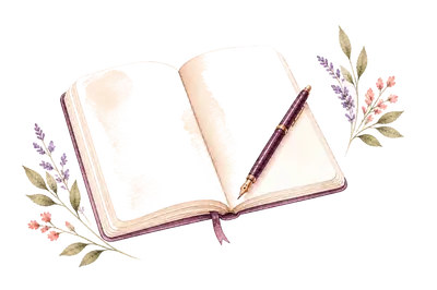 Libro abierto con lapicera y detalles botánicos