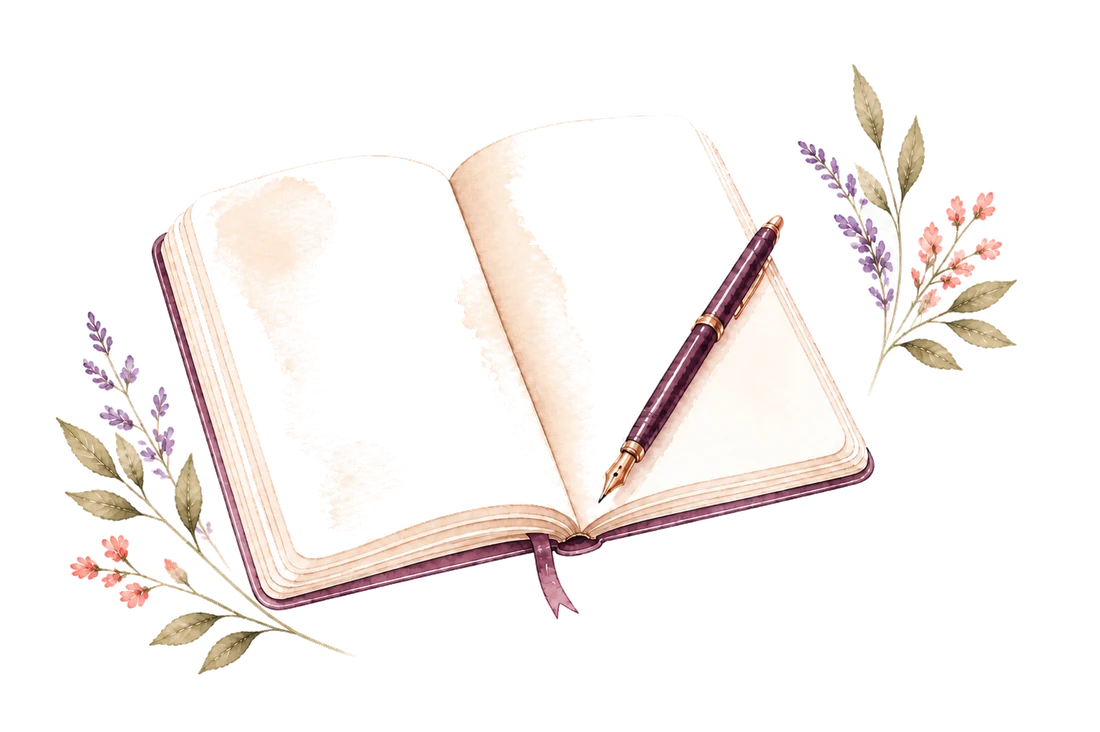 Libro abierto con lapicera y detalles botánicos