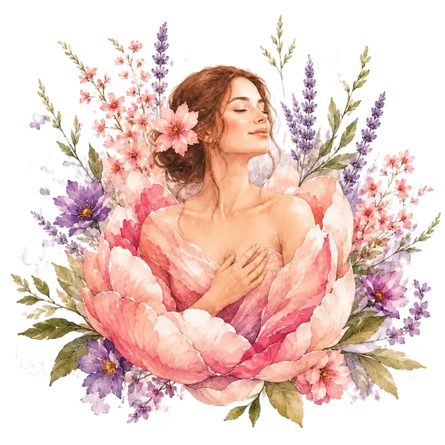 Mujer serena rodeada de flores