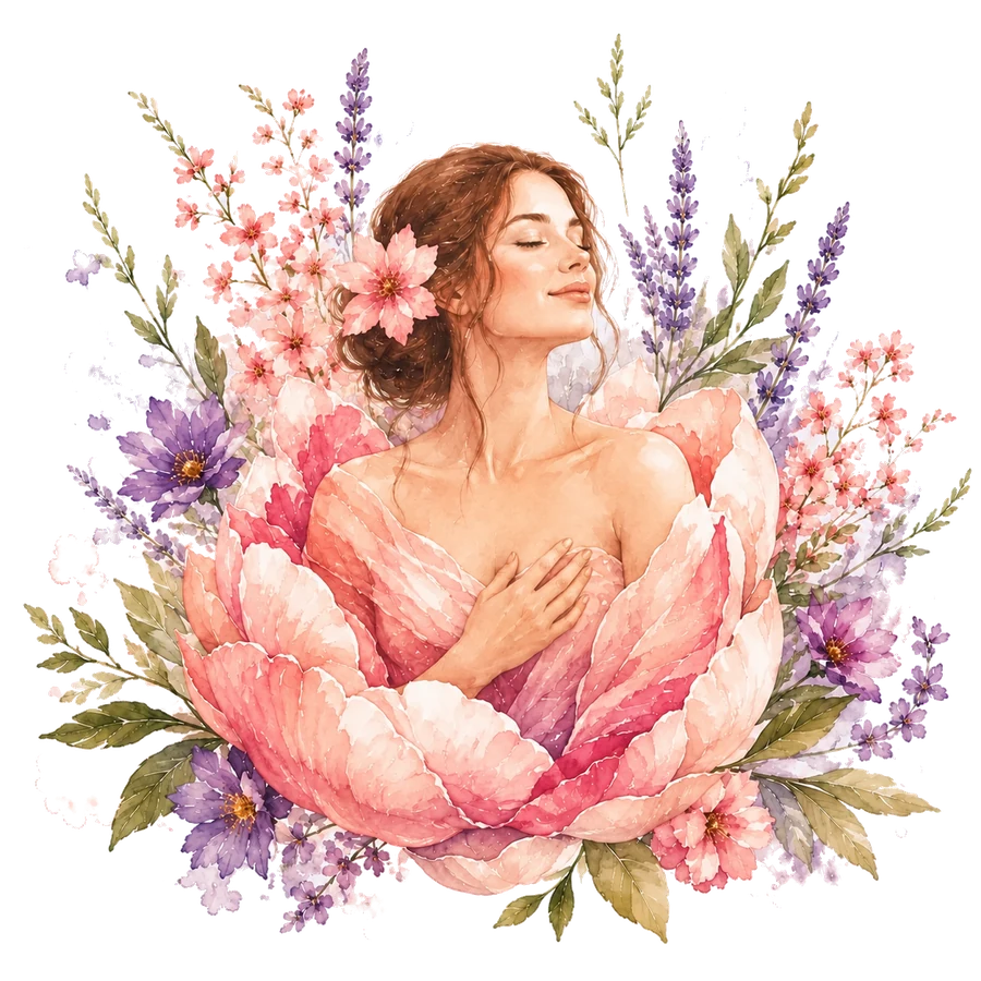 Mujer serena rodeada de flores