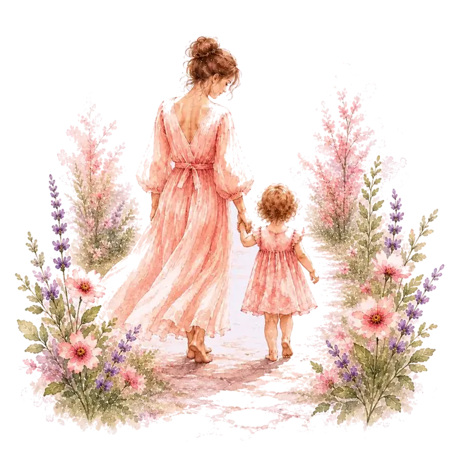 Madre caminando de la mano con una niña por un jardín