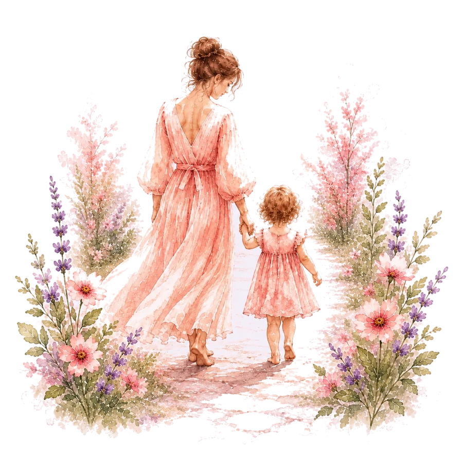 Madre caminando de la mano con una niña por un jardín